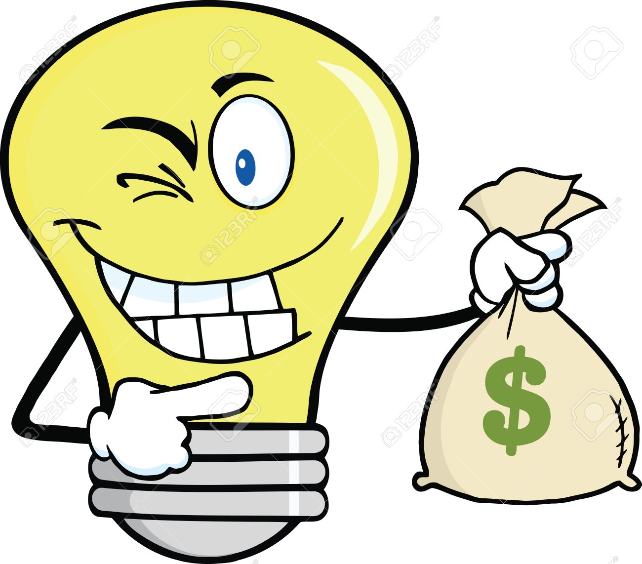 1300x1142 Light Bulb Cartoon Mascot Character Holding A Bag Of Money Royalty