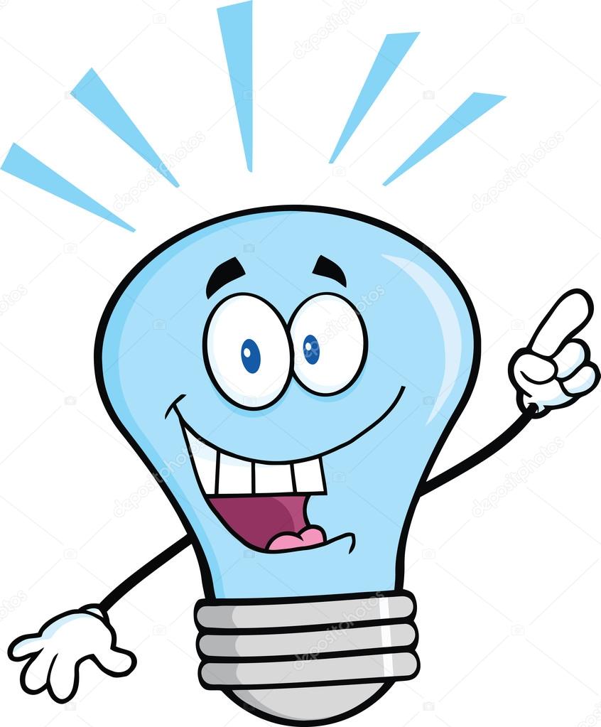 846x1023 Blue Light Bulb Cartoon Character With A Bright Idea Stock Photo