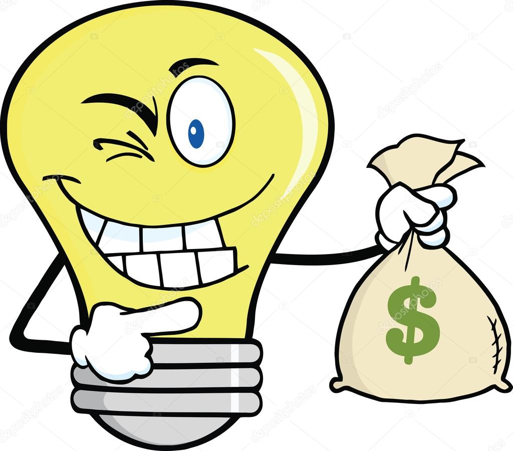 1024x900 Light Bulb Cartoon Character Holding A Bag Of Money Stock Photo