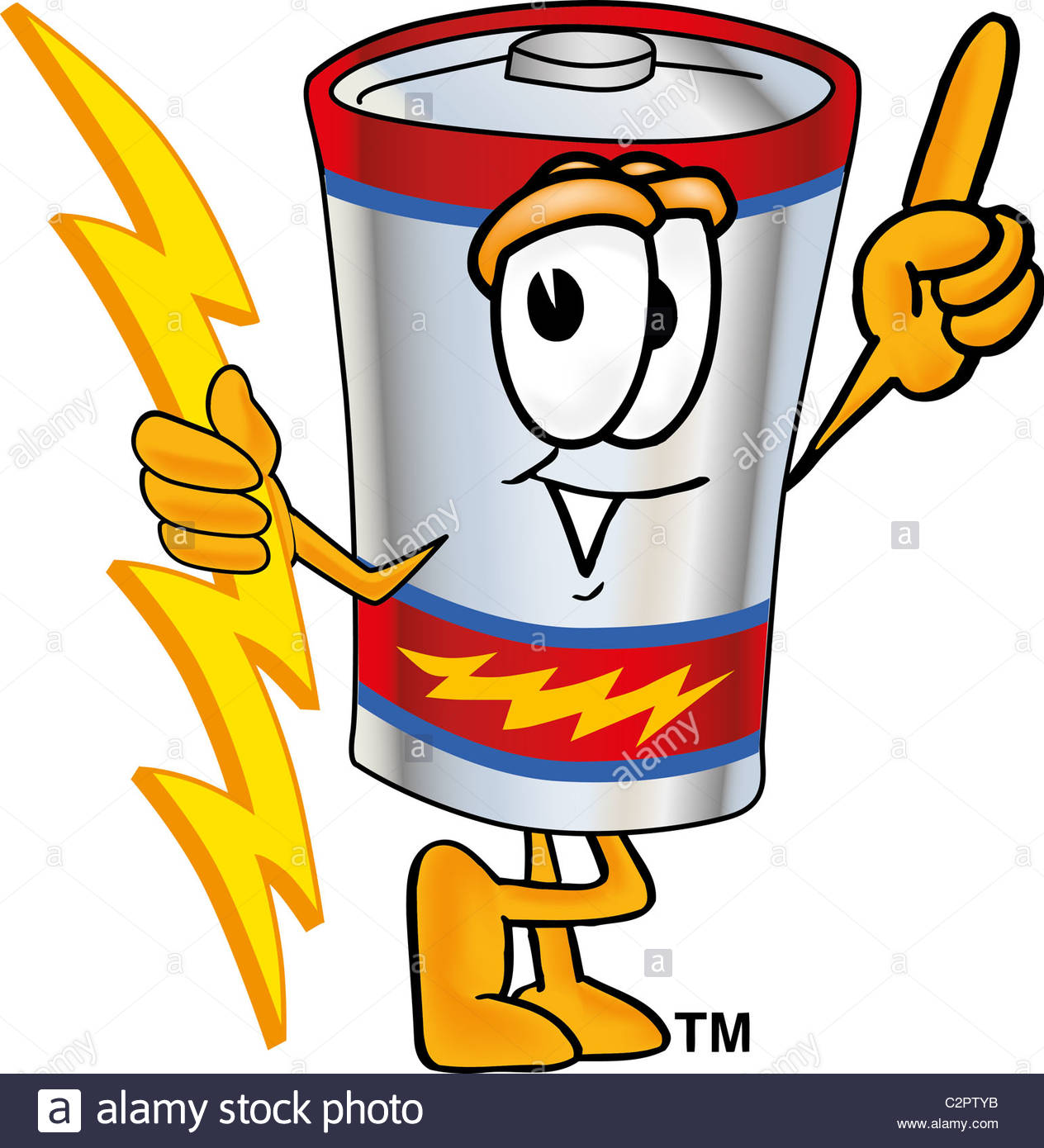 1264x1390 Cartoon Battery Mascot Holding A Lightning Bolt Stock Photo