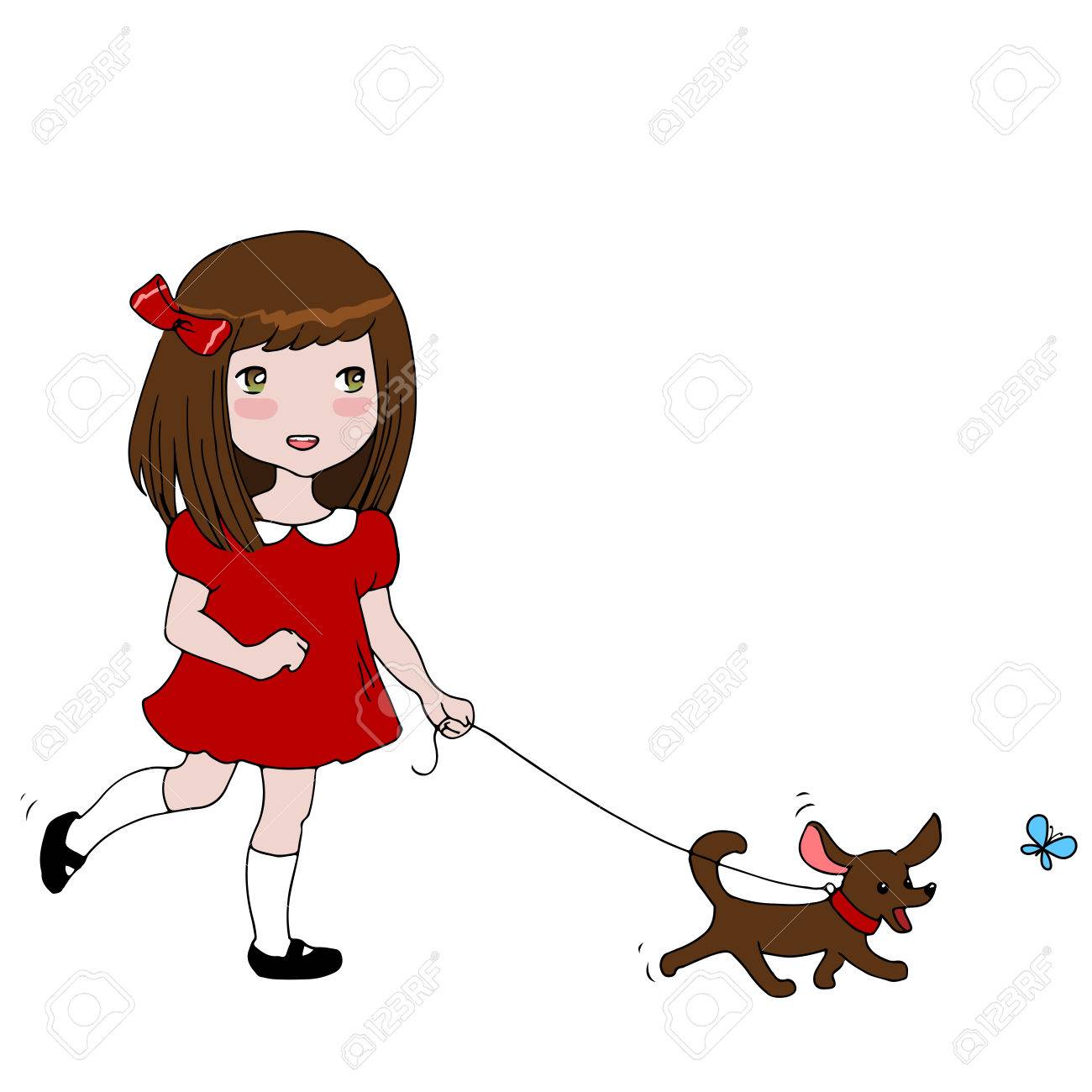1300x1300 Little Girl In Red Dress Is Running With Her Dog. Active Children