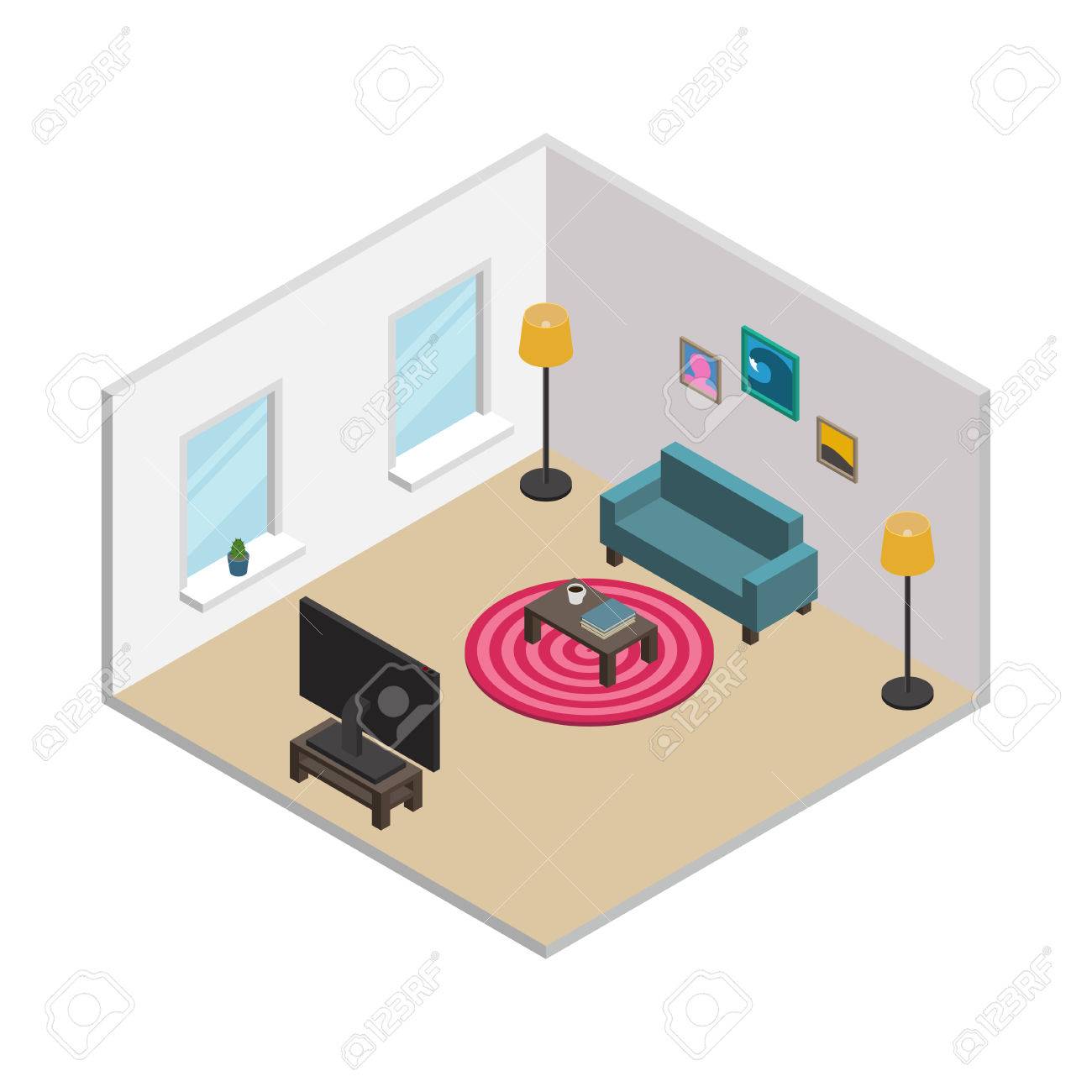 1300x1300 Isometric Living Room With White Walls, Windows And Furnishings