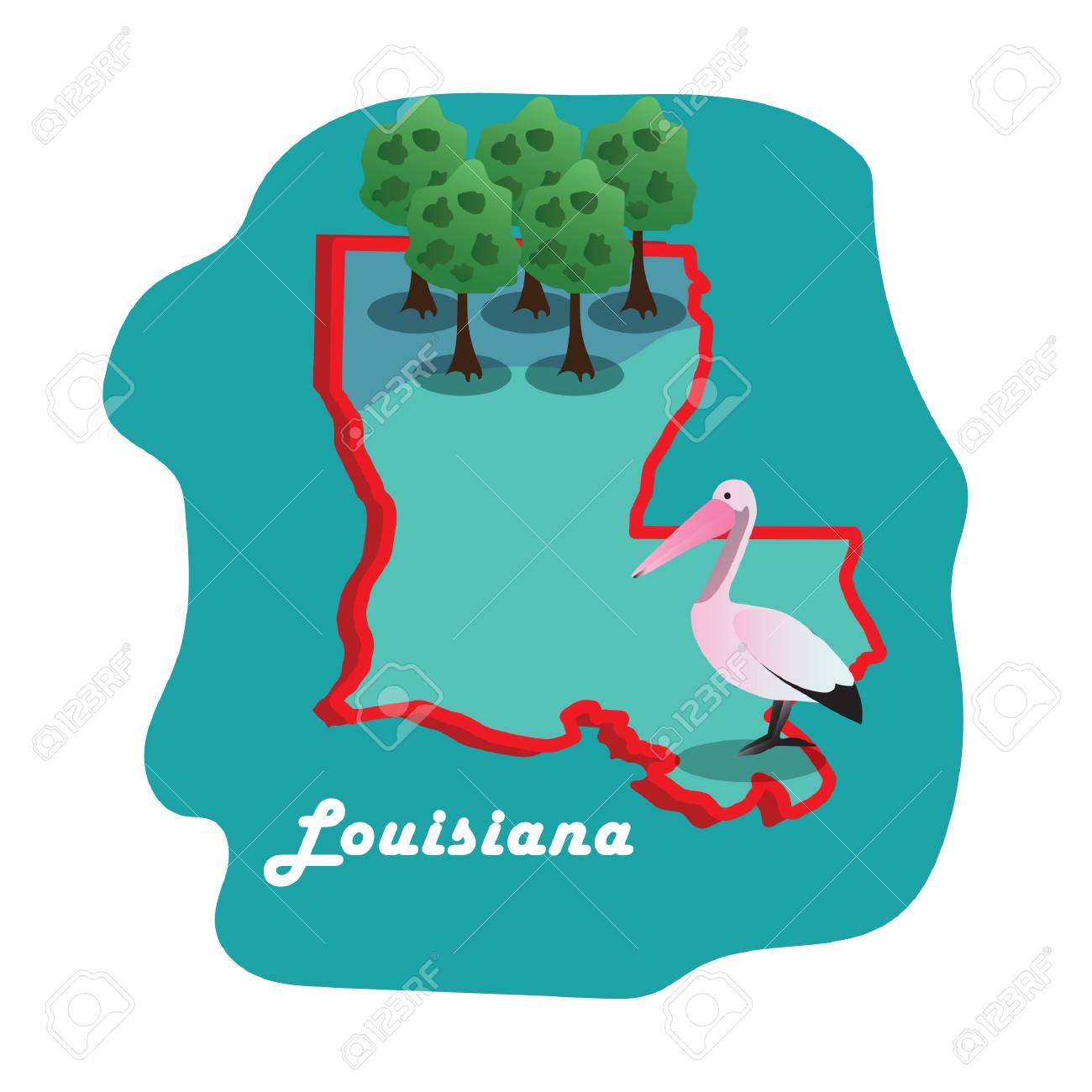 1300x1300 Louisiana State Map With Eastern Brown Pelican Royalty Free