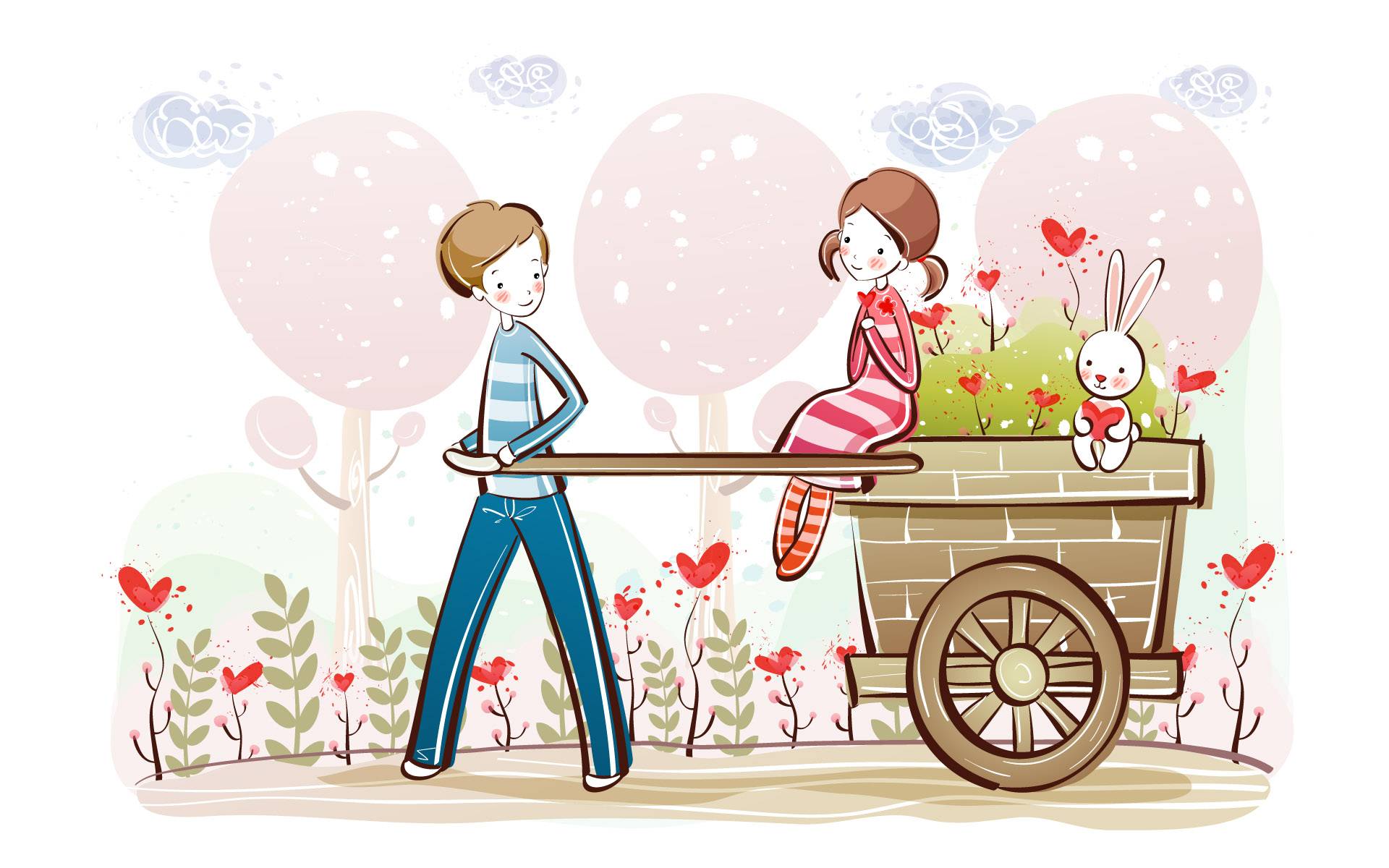 1920x1200 Boy Gives Girl A Ride On His Waggon Romance