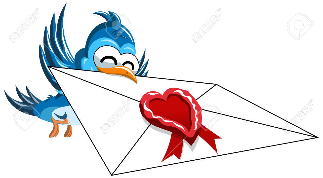 1300x717 Happy Cartoon Bird Delivering Love Letter Isolated Royalty Free