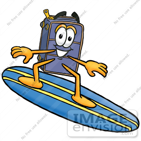 450x450 Clip Art Graphic Of A Suitcase Luggage Cartoon Character Surfing