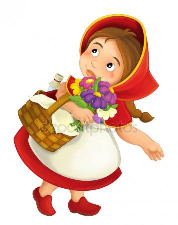 357x450 Cartoon Little Girl With Lunch Basket And Flowers Stock Photo