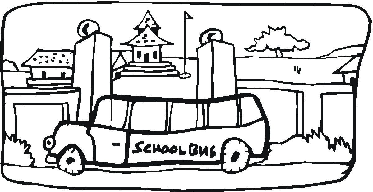 1200x618 School Bus Coloring Page In The Town Transportation Coloring