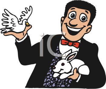 350x293 Smiling Magician Holding A Rabbit And A Dove