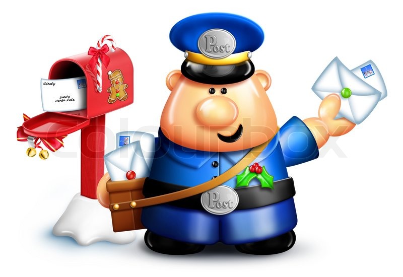 800x550 Cartoon Christmas Mailman With Mailbox And Letters Stock Photo