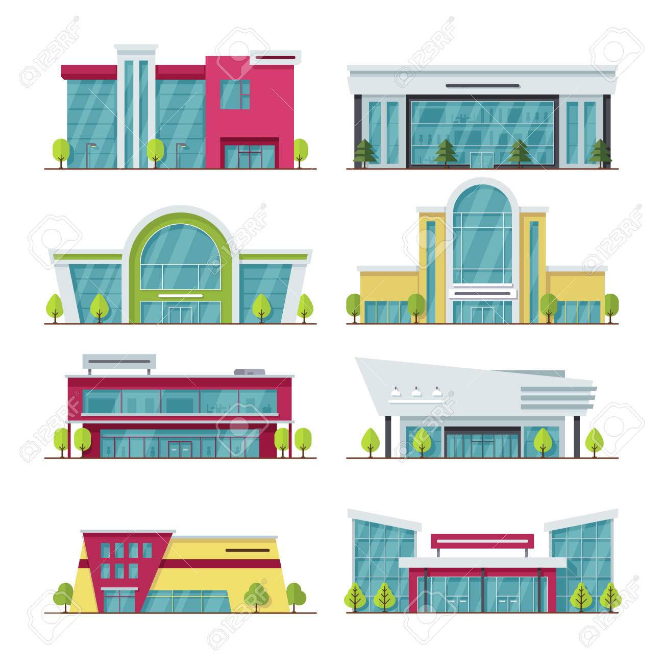 1299x1300 Contemporary Shopping Mall And Store Buildings Vector Icons