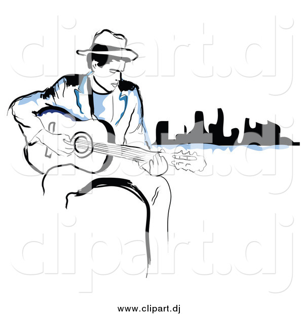 600x620 Vector Clipart Of Blacknd Blue Man Playing Guitar Near
