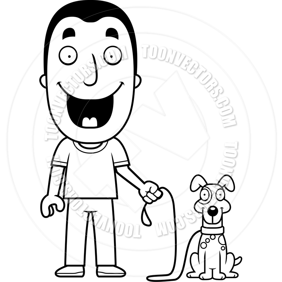 940x940 Cartoon Man Walking Dog (Black And White Line Art) By Cory Thoman