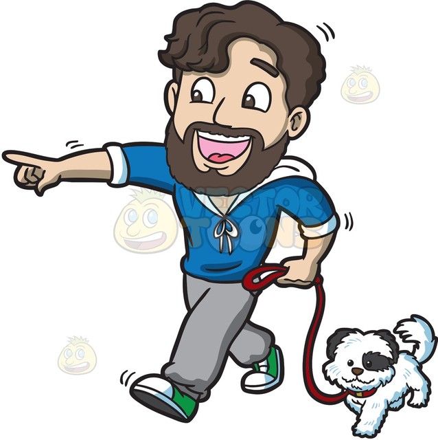 638x640 An Excited Man Walking His Dog Cartoon Clipart