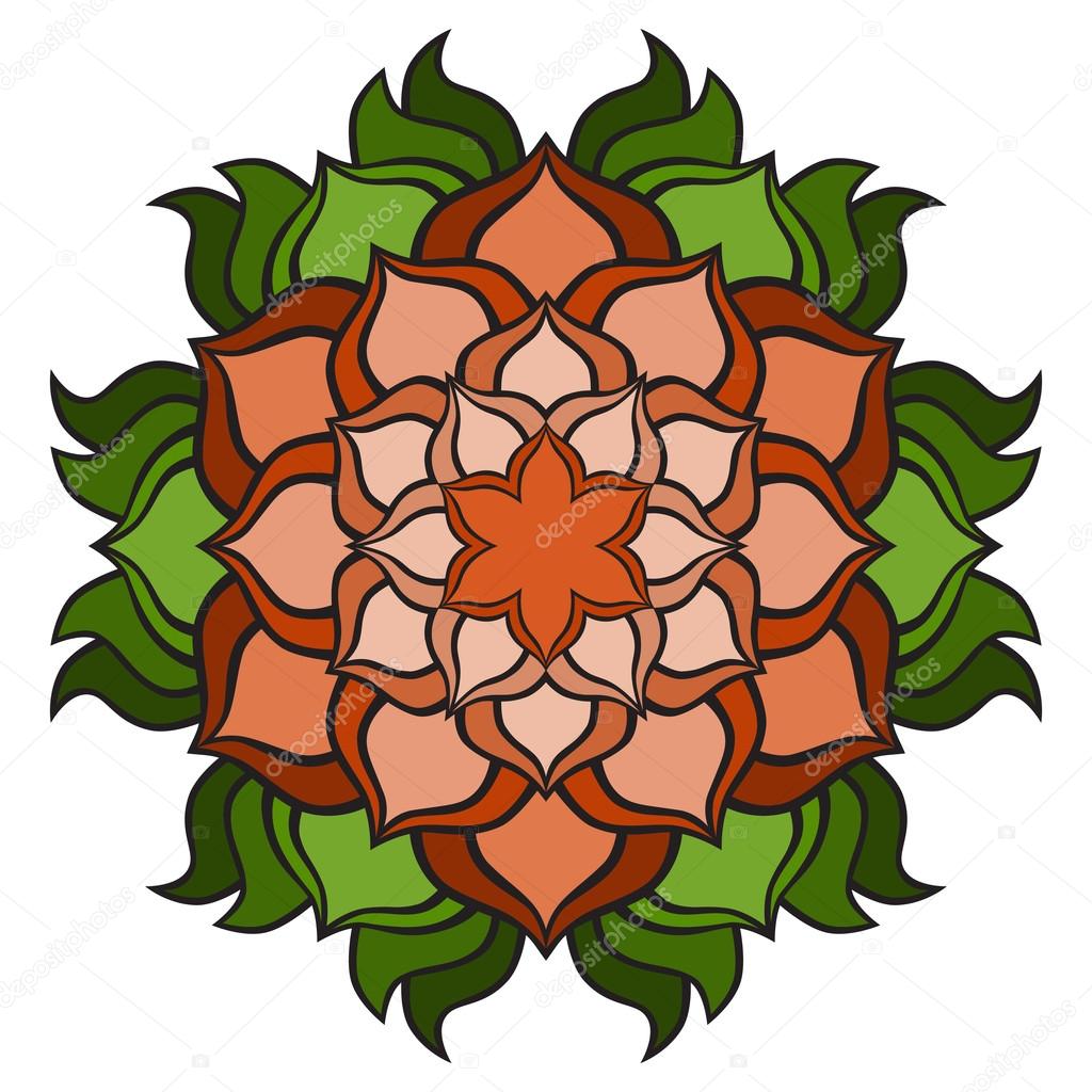 1024x1024 Beautiful Vector Orange, Green Mandala Flower. Ornamental Round