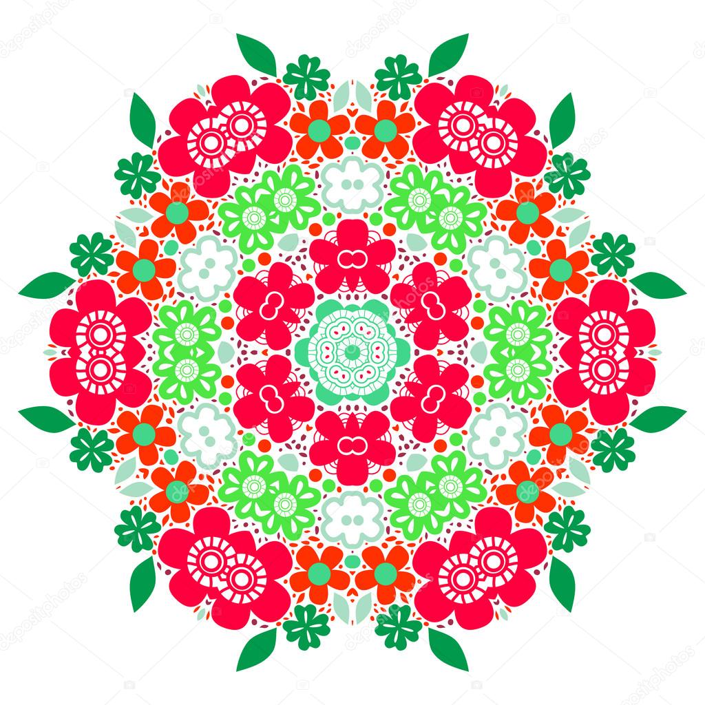 1024x1024 Flower Mandala Circle Floral Background In Red And Green, Vector
