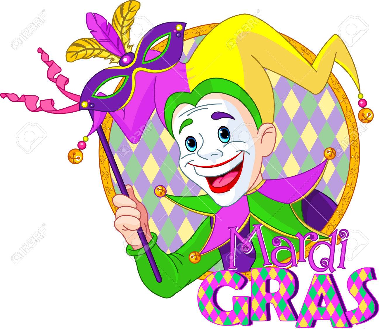 1300x1128 Cartoon Design Of Mardi Gras Jester Holding A Mask Royalty Free