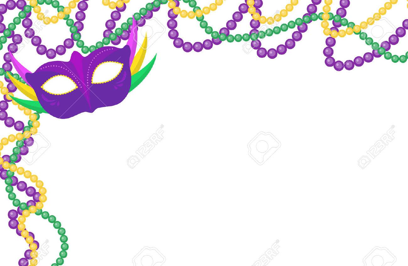 1300x850 Mardi Gras Beads Colored Frame With A Mask, Isolated On White