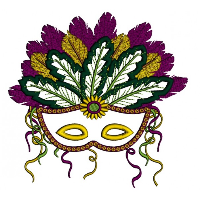 700x700 Mardi Gras Mask With Gorgeous Feathers Applique Machine Embroidery