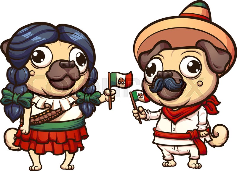 800x579 Cartoon Pugs Dressed With Mexican Revolution Clothes. Vectro Clip