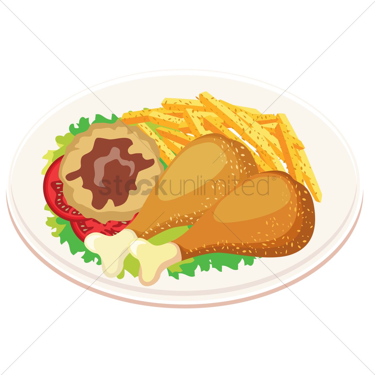 1300x1300 Chicken Drumstick With Mashed Potato And French Fries Vector Image
