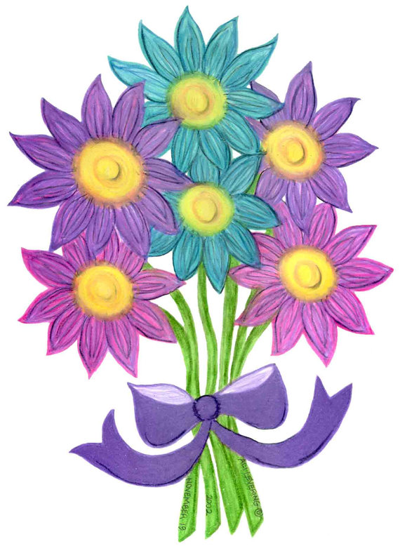 570x778 Pack Of 3 Cards Pink, Purple, Aqua Flower Bouquet Drawing Small