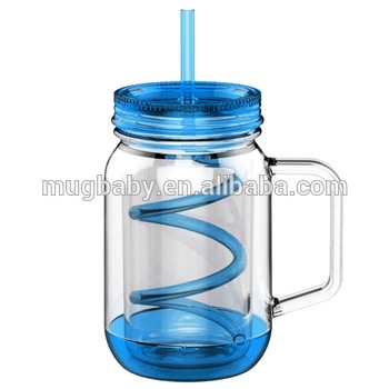 350x350 Plastic Mason Jar Beer Mug With Straw And Handle