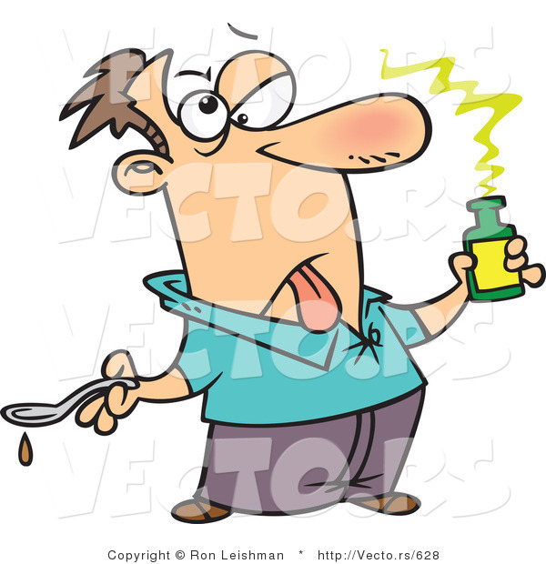 600x620 Cartoon Vector Of A Sick Cartoon Man Taking Disgusting Medicine By