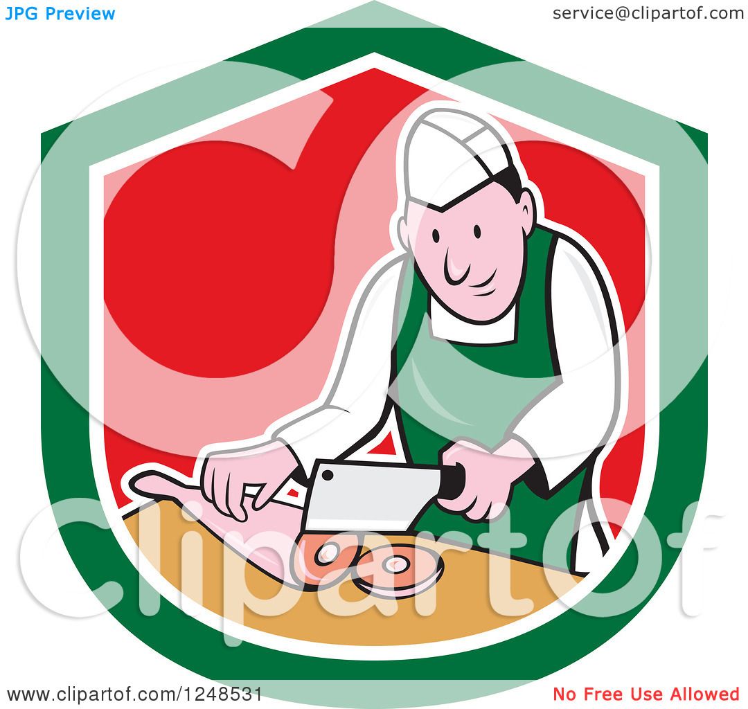 1080x1024 Clipart Of A Cartoon Butcher Chopping Up Leg Meat In A Shield