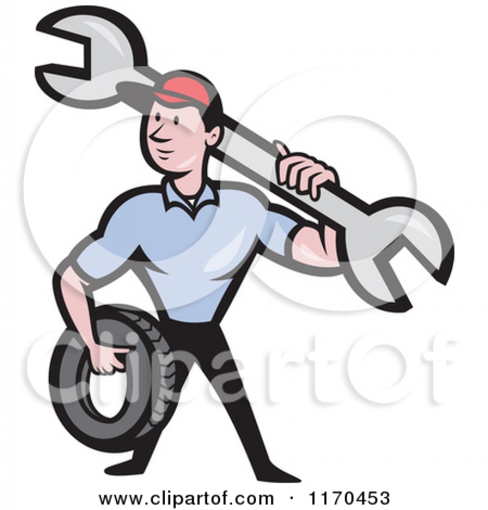 980x1024 Clipart Of A Cartoon Mechanic Worker Holding A Tire And Spanner