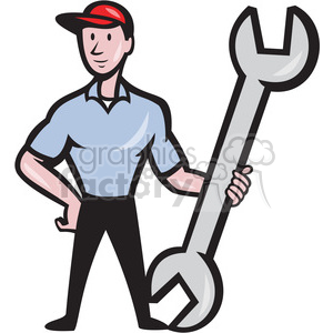 300x300 Royalty Free Mechanic Holding Huge Wrench Standing Upright Shape