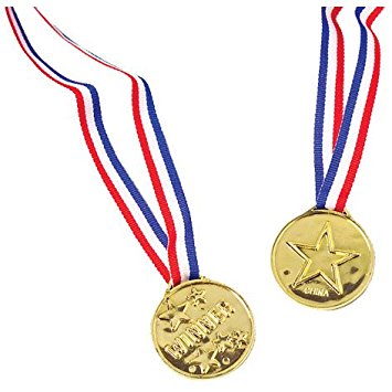 355x355 Plastic Gold Star Winner Medals With Ribbons (12