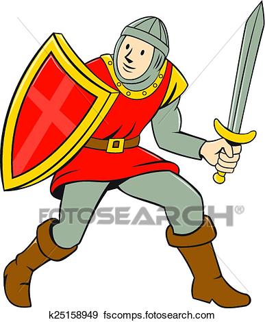 387x470 Clip Art Of Medieval Knight Shield Sword Standing Cartoon