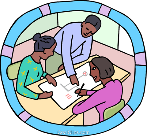 480x448 Business Meeting, Looking Over Plans Royalty Free Vector Clip Art