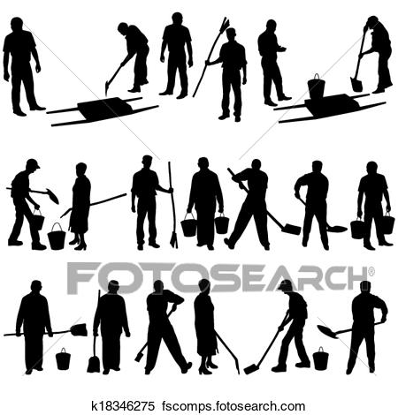 450x470 Clipart Of Set Of Black Silhouettes Of Men And Women With Shovels