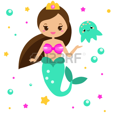 450x450 Cute Mermaids Set And Design Elements. Stickers, Clip Art