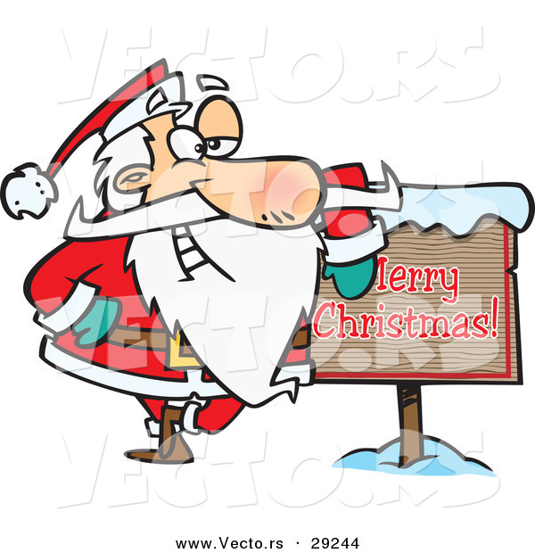 600x620 Cartoon Vector Of A Santa Beside Merry Christmas Sign By Toonaday