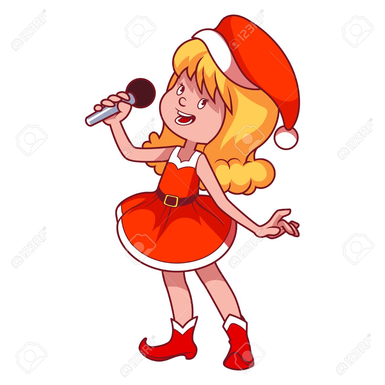 1300x1300 Girl In Christmas Dress Singing With Microphone. Clip Art