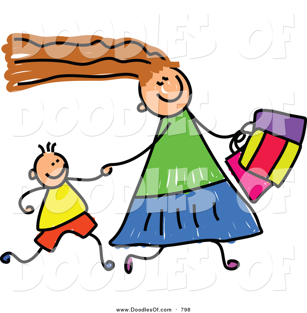 1024x1044 Vector Clipart Of A Doodled White Mom Shopping With Her Son By
