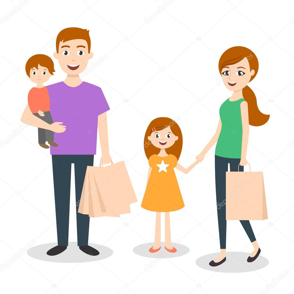 1024x1024 Vector Illustration Of Family Mom, Dad And Son. Shopping Bags