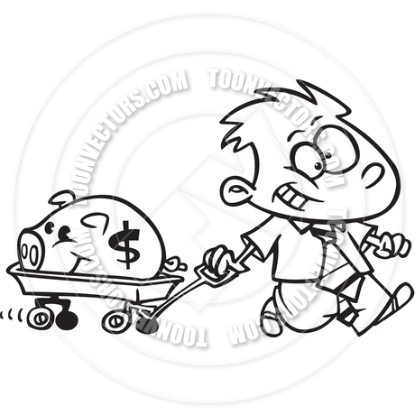460x460 Cartoon Boy Saving Money (Black And White Line Art) By Ron