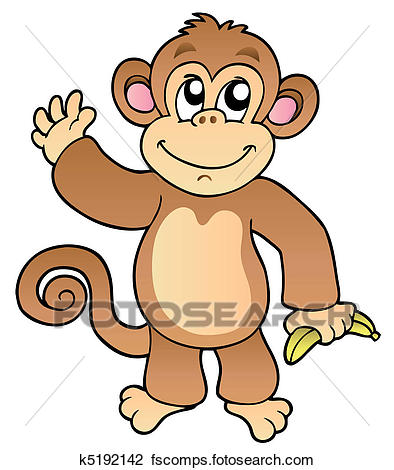 394x470 Clipart Of Cartoon Waving Monkey With Banana K5192142