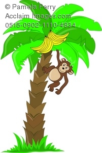 201x300 Art Illustration Of A Cute Little Monkey Hanging In A Banana Tree