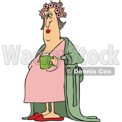 400x400 Of A Cartoon Chubby White Woman In A Robe, Wearing Curlers