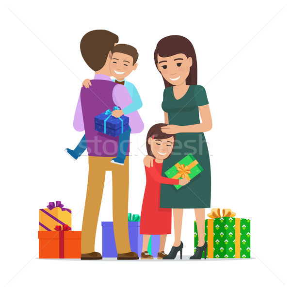 600x600 Family Mother Father Son Daughter And Presents Vector Illustration