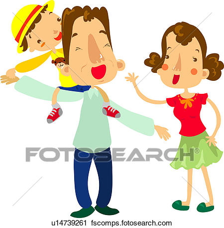 450x457 Clipart Of Mother, Holing Hands, Riding, Piggyback, Father