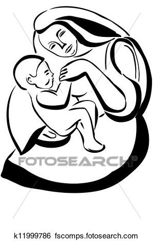 299x470 Clip Art Of Sketch Of A Woman Mother Holding A Baby K11999786