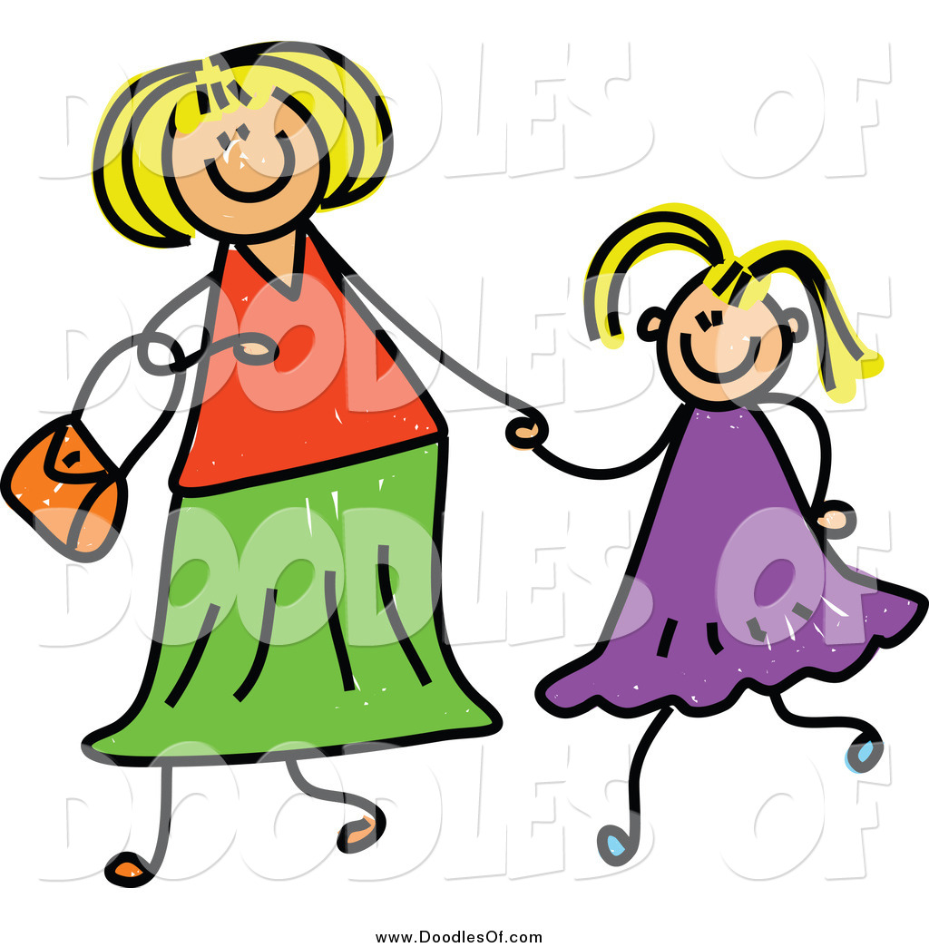 1024x1044 Vector Clipart Of A Doodled Blond White Mother Holding Hand