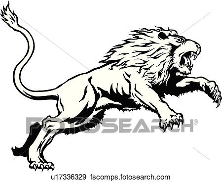 450x368 Clip Art Of Illustration, Lineart, Animal, Lion, Leaping U17336329
