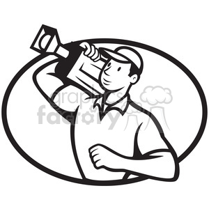 300x300 Royalty Free Black And White Cameraman Movie Camera Shoulder Oval